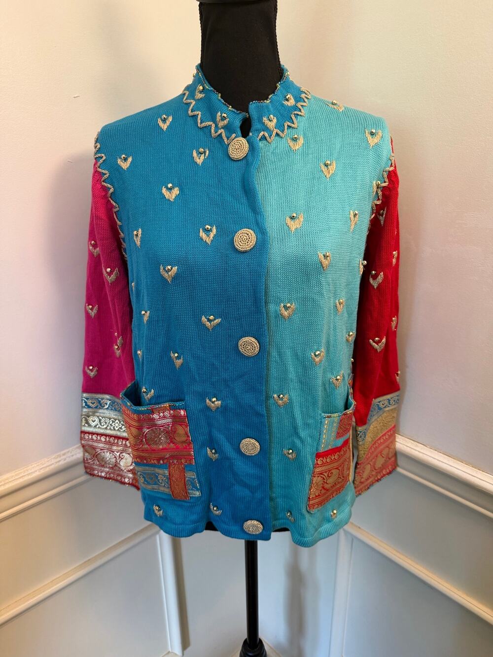 VTG Susan Bristol Silk Cotton Beaded Embroidered Cardigan Jacket Art to Wear